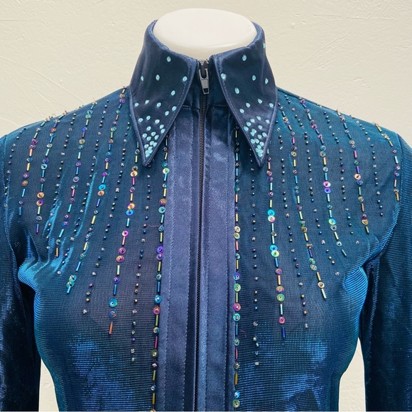 VINTAGE RODS METALLIC BLUE BEDAZZLED SHINY HORSE SHOW PERFORMANCE WESTERN TOP - Picture 4 of 16